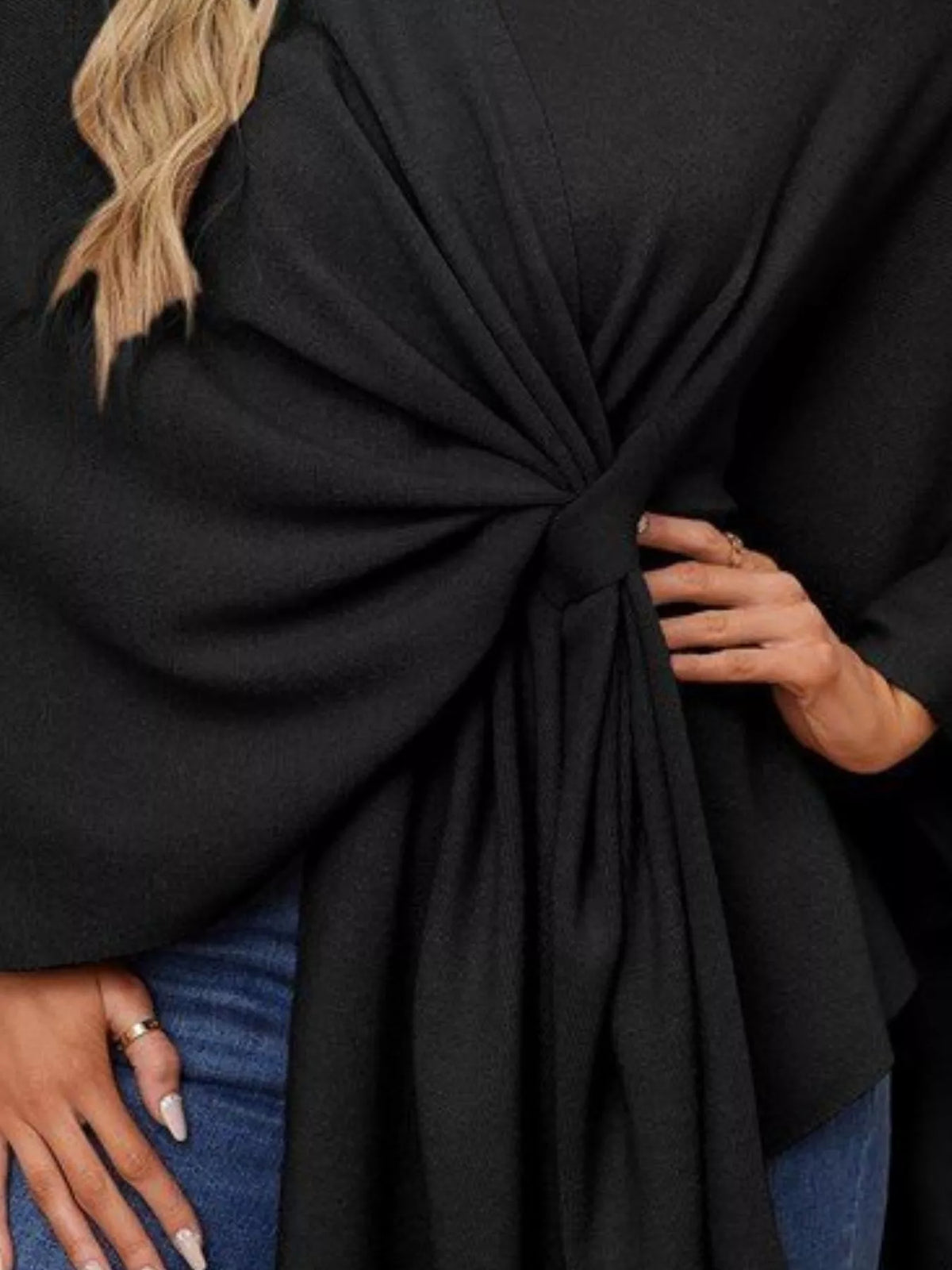 Solid Color Tie-Front Knit Cape Top, view 18