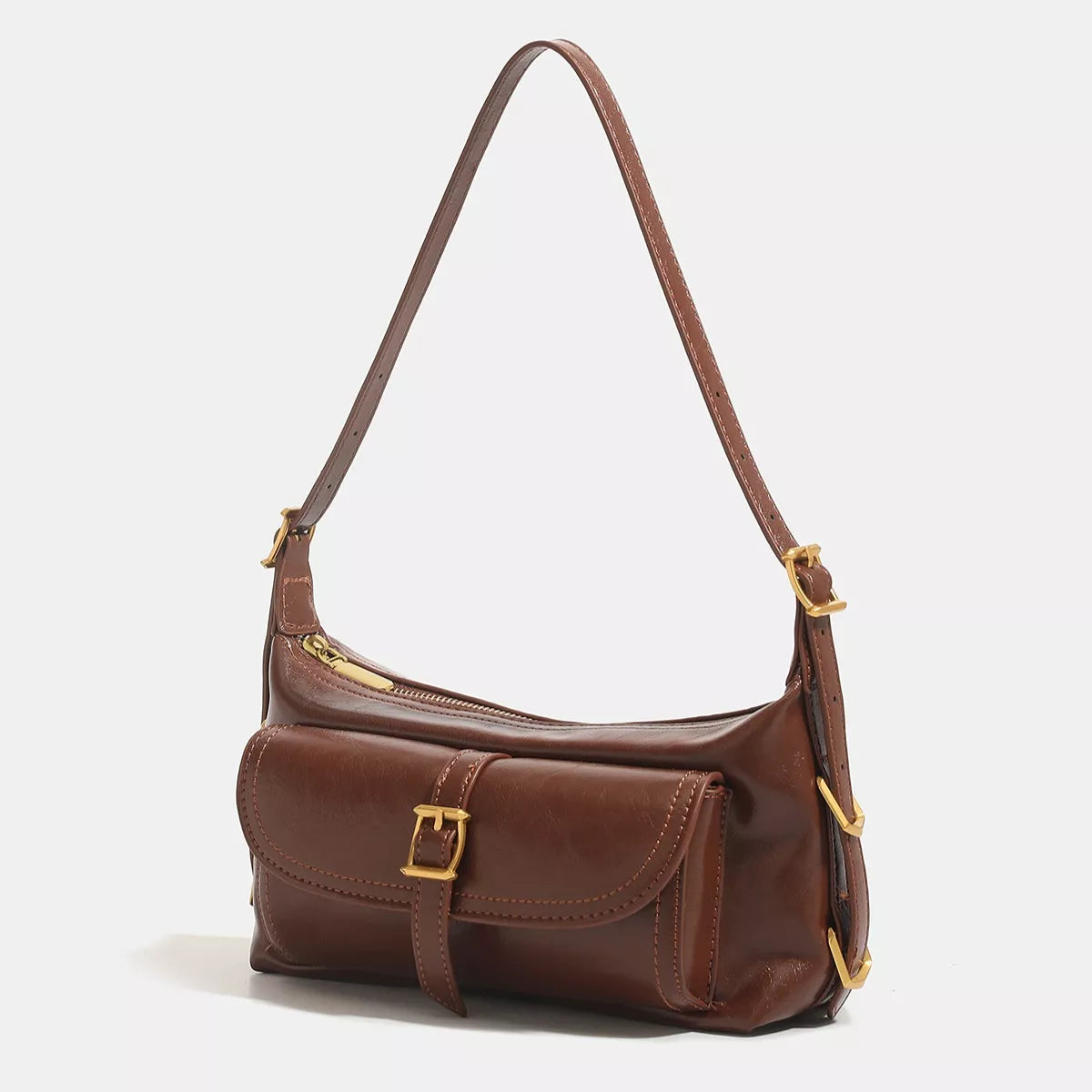 Vintage PU Leather Shoulder Bag with Buckle Detail in Caramel, view 2