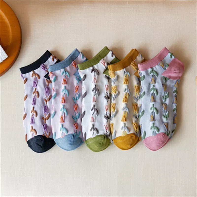5 Pair Vintage Textured Ankle Socks Set