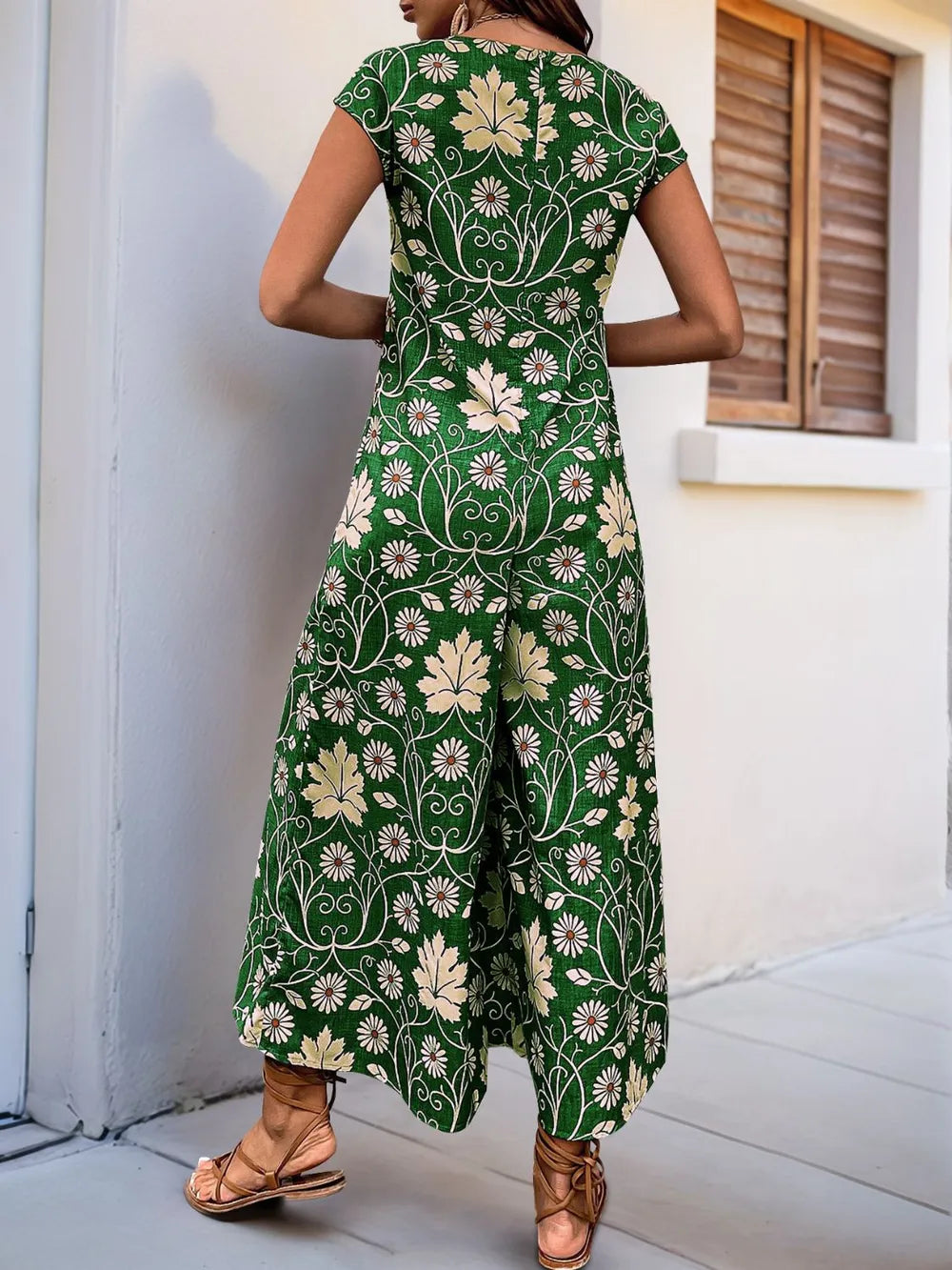 Perfee Printed Round Neck Cap Sleeve Wide Leg Jumpsuit - Lilixa.store