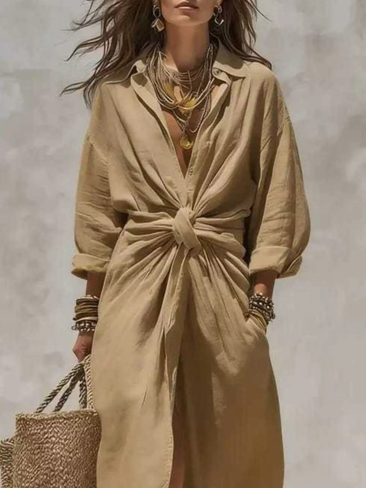 Front-Tie Maxi Shirt Dress, view 9