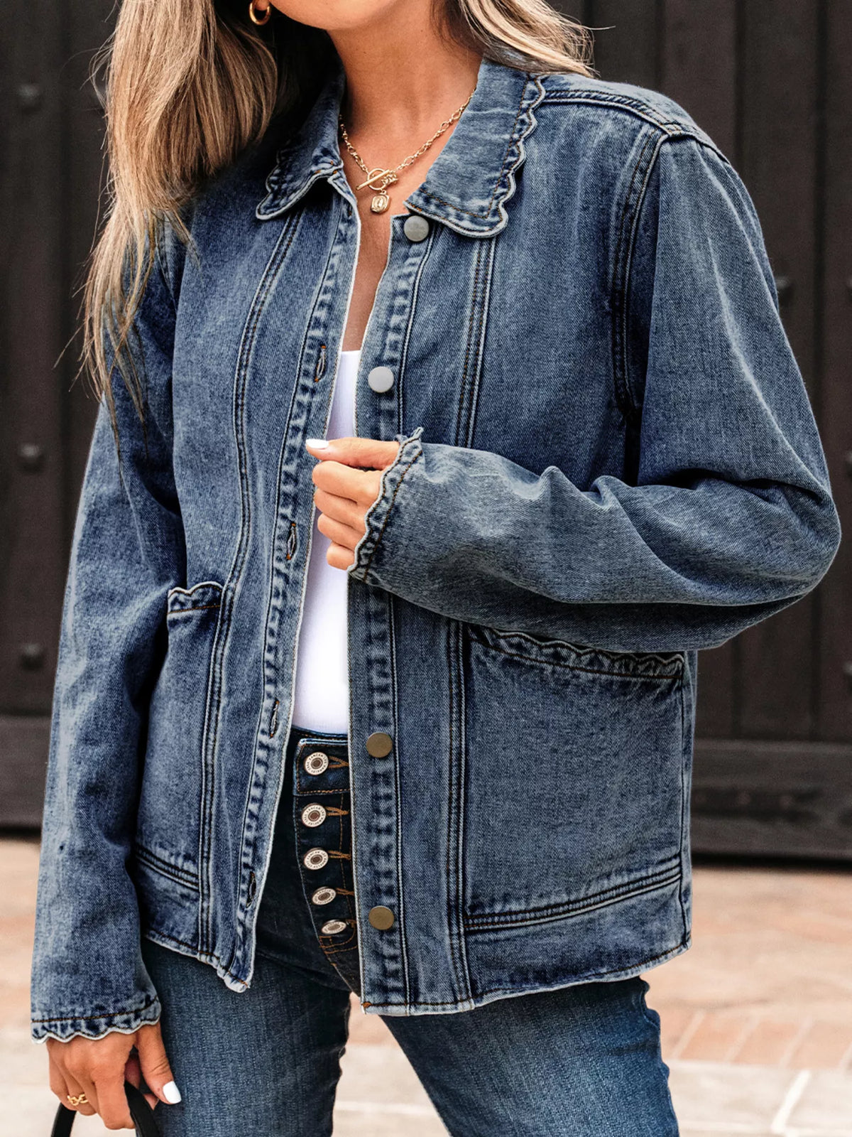 Scallop Trim Collar Patched Pocket Button Up Denim Jacket, view 12