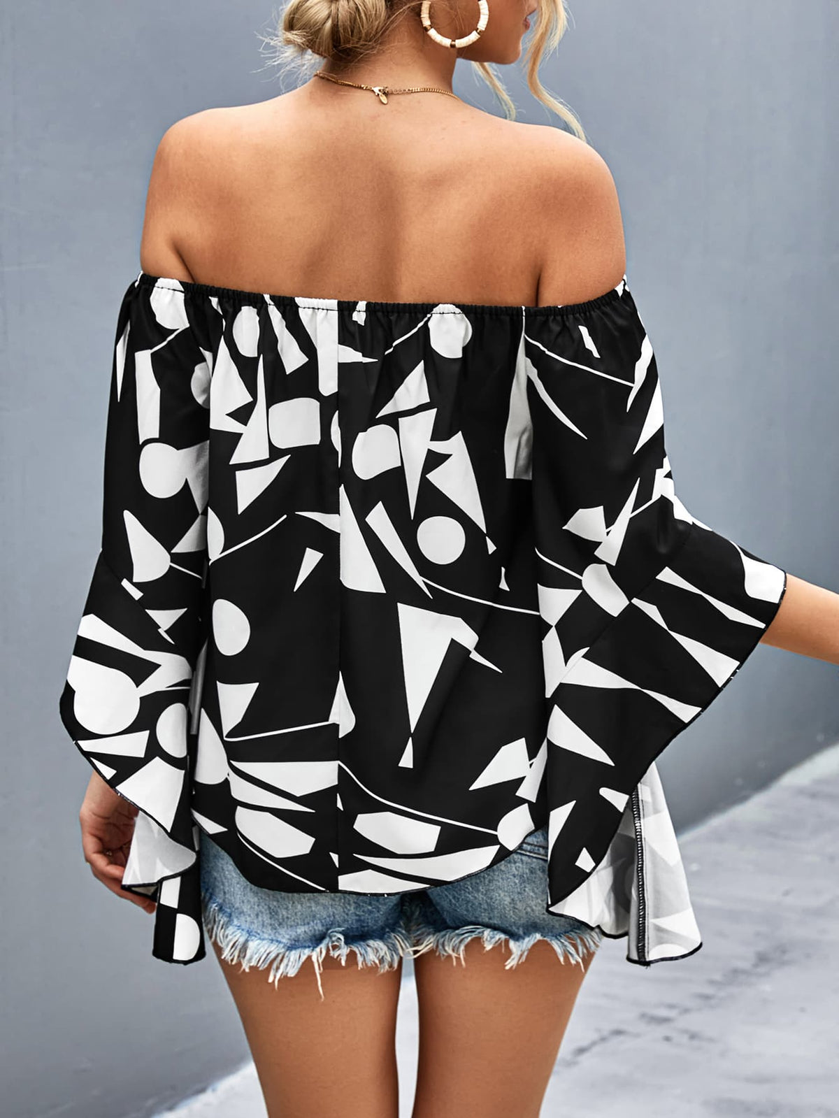 Printed Off-Shoulder Bell Sleeve Blouse - Lilixa.store
