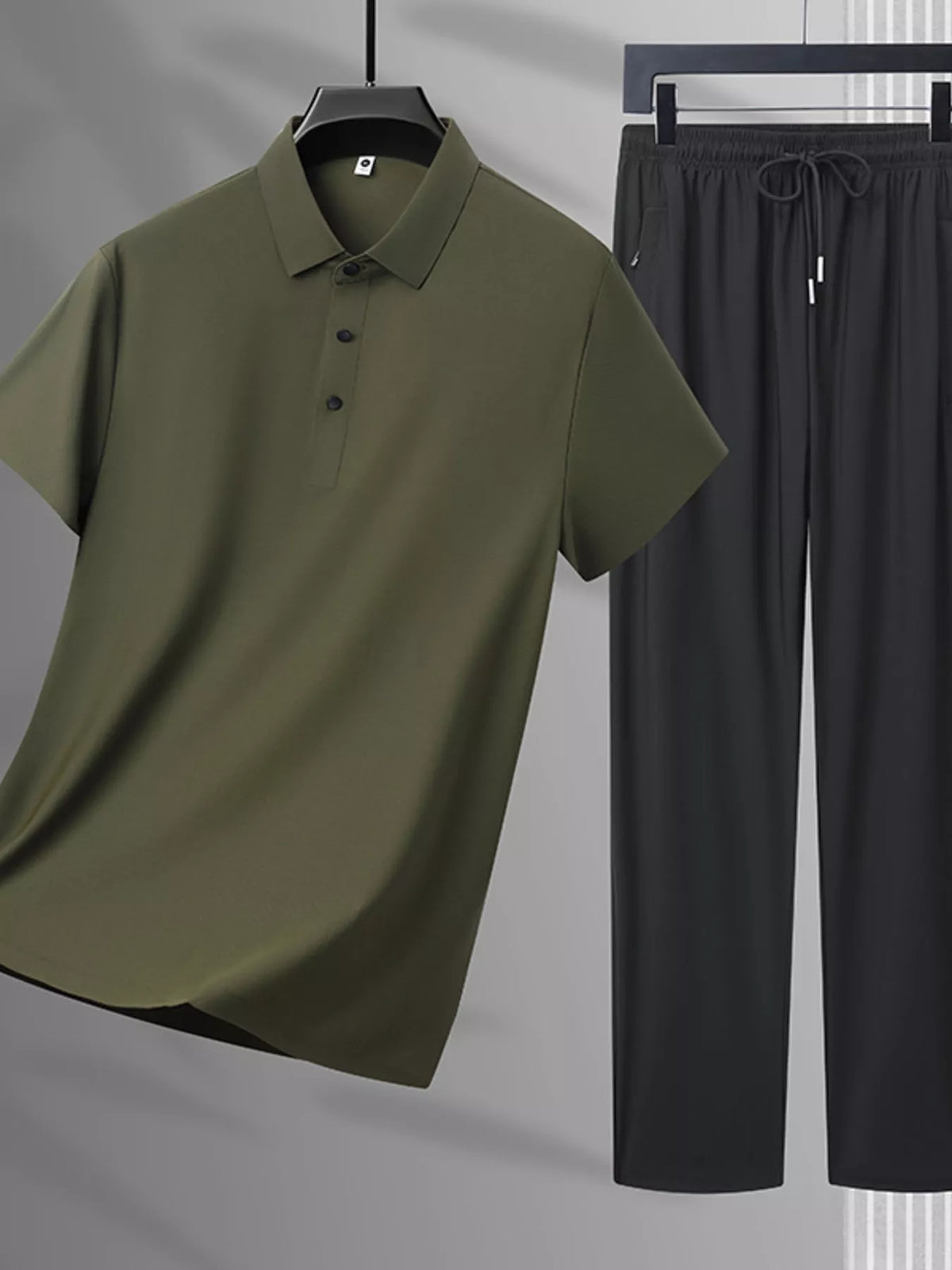 Men's Plus Size Button Detail Polo and Pants Set in Dark Green