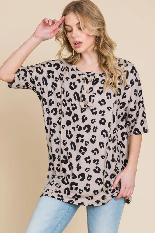 BOMBOM Button Detail Exposed Seam Leopard Half Sleeve Top - Lilixa.store