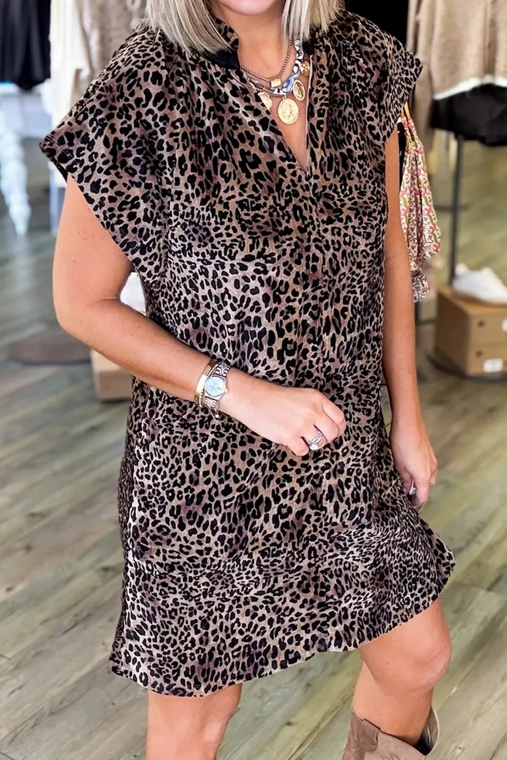 Leopard Print Short Sleeve Mini Shift Silhouette Dress - Lilixa.store