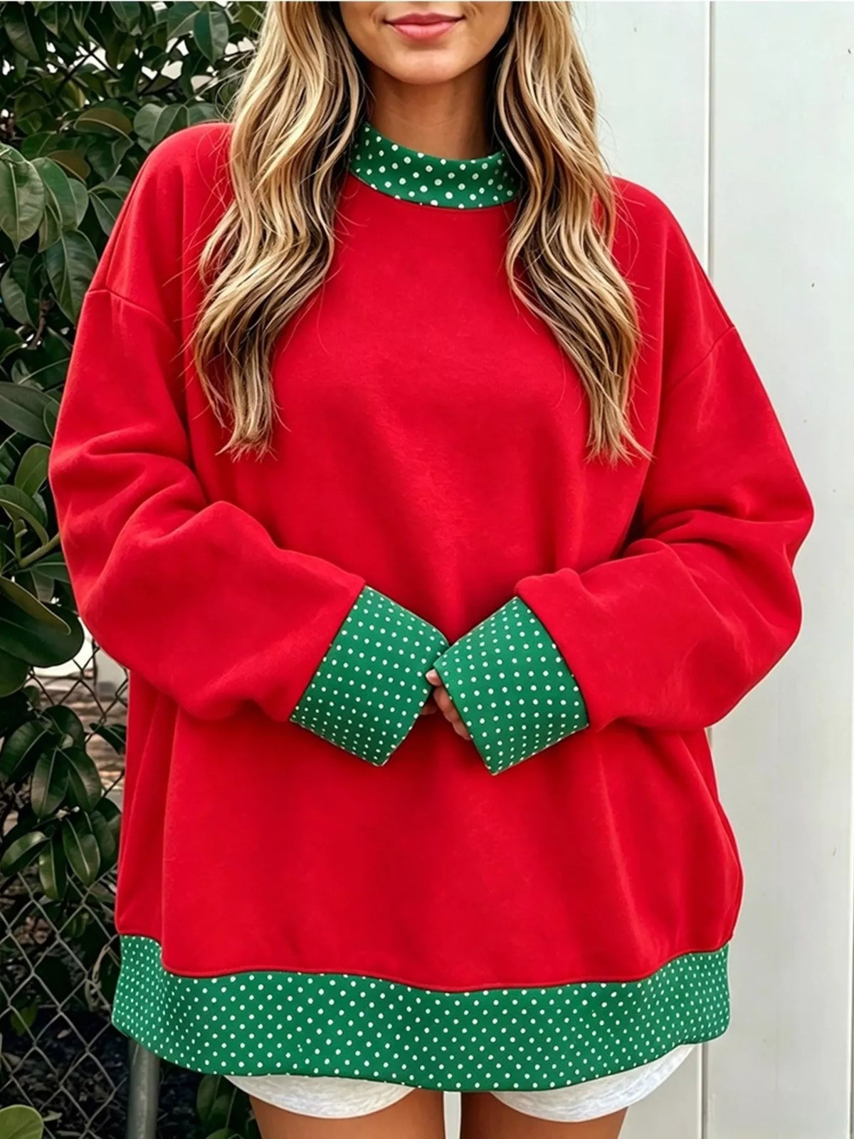 Polka Dot Contrast Trim Dropped Shoulder Sweatshirt - Lilixa.store