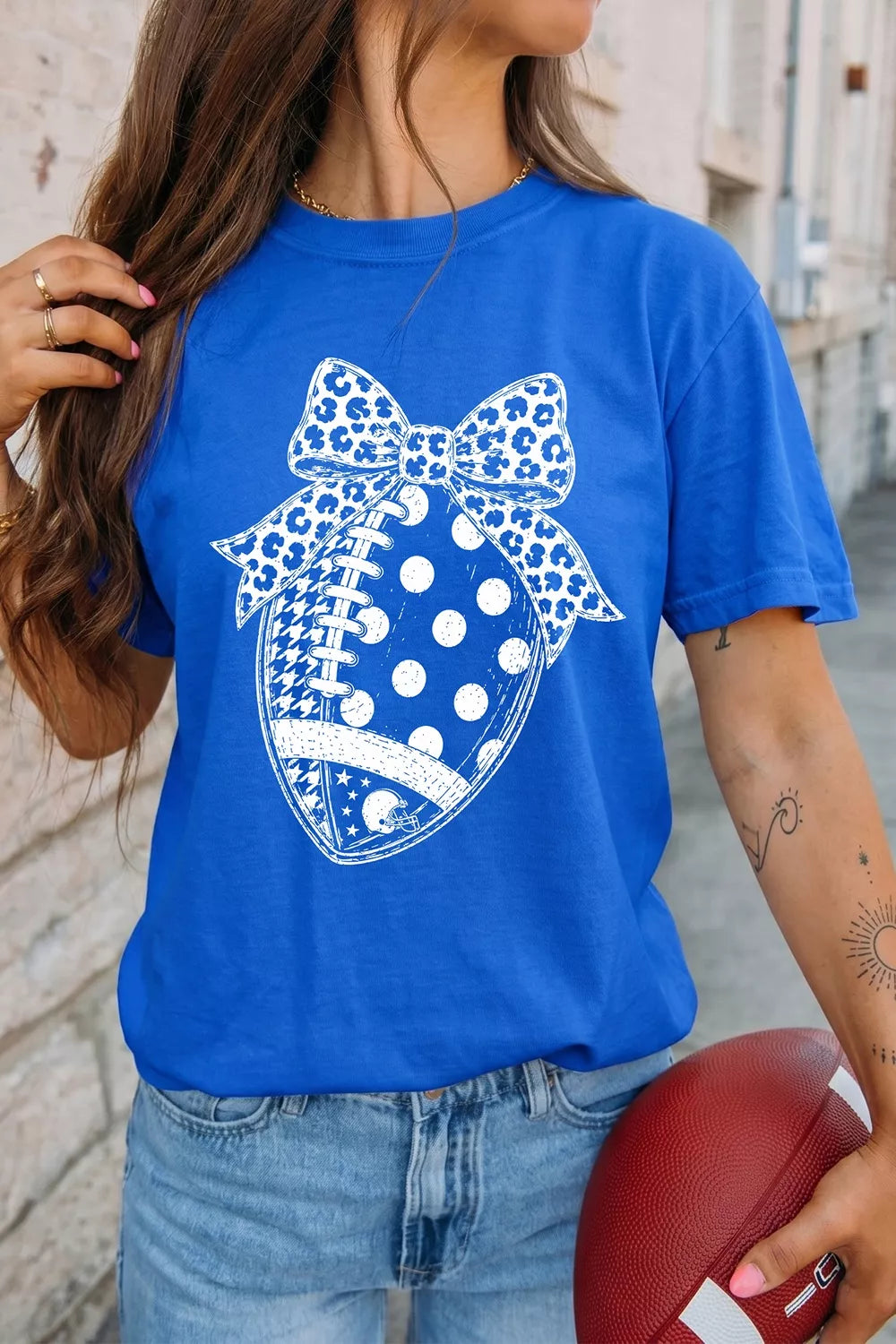 Leopard Bow Polka Dot Football Graphic Game Day T Shirt