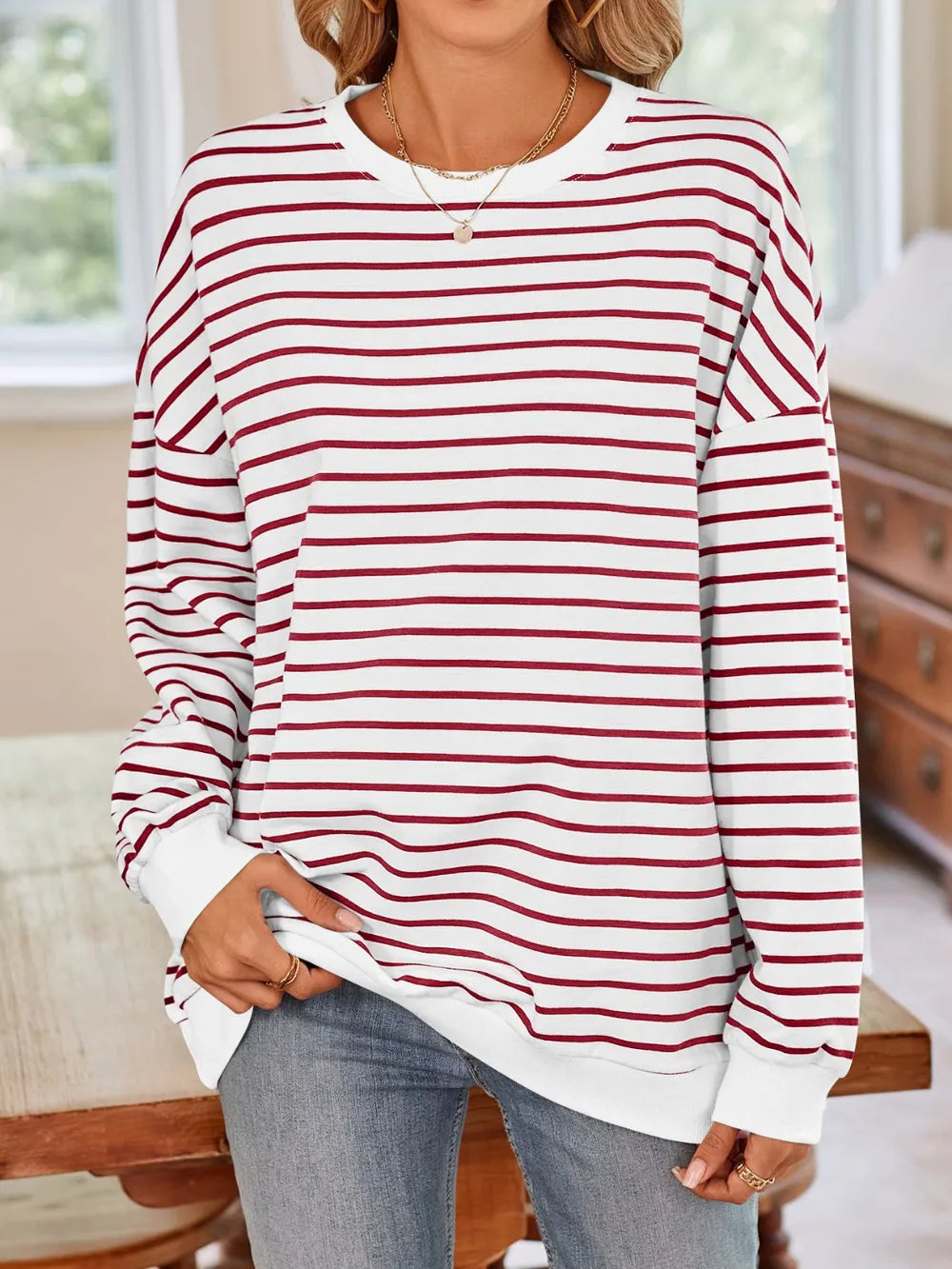 Lovelet Striped Round Neck Long Sleeve Sweatshirt - Lilixa.store