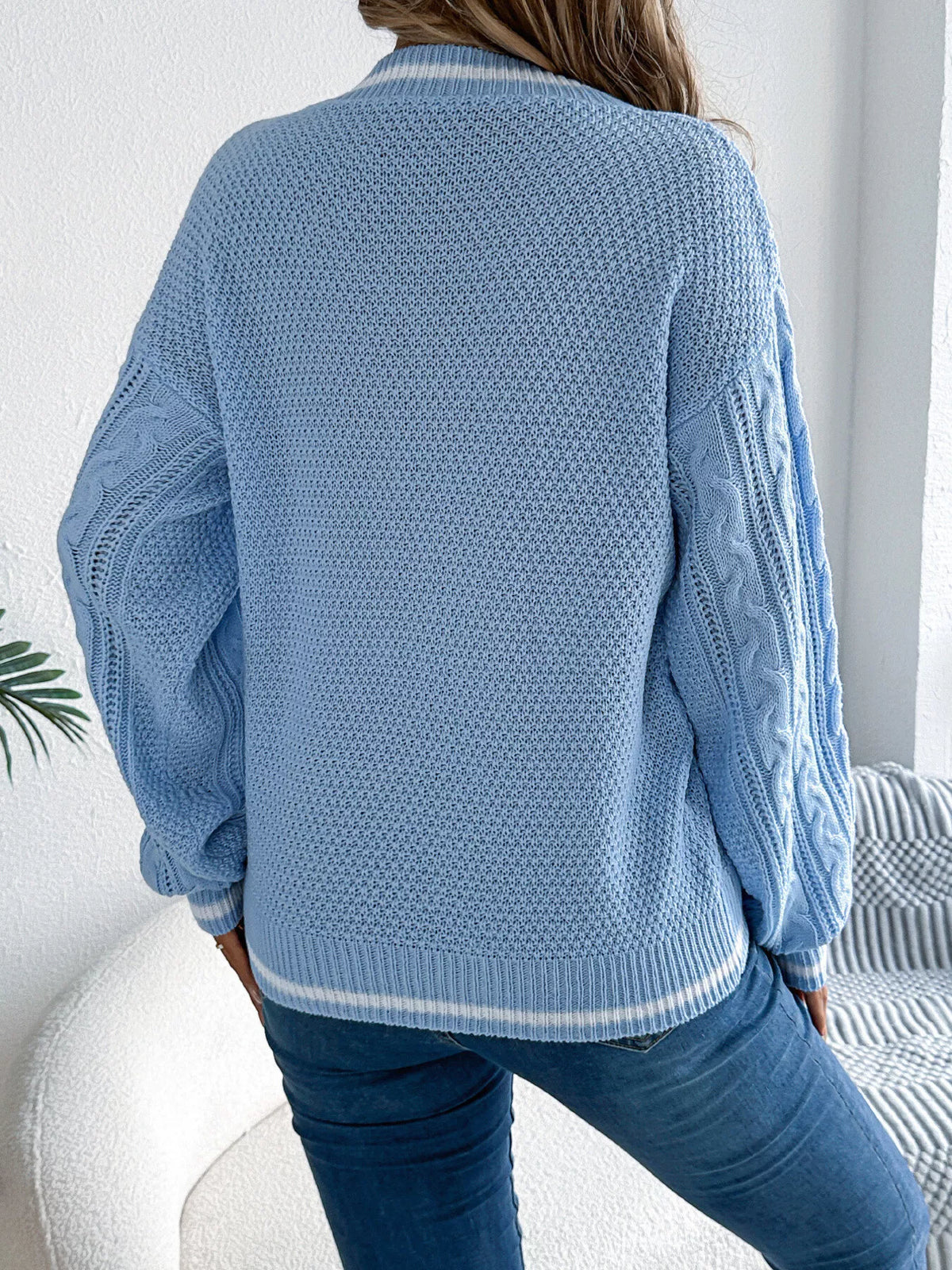V-Neck Cable Knit Sweater with Striped Trim