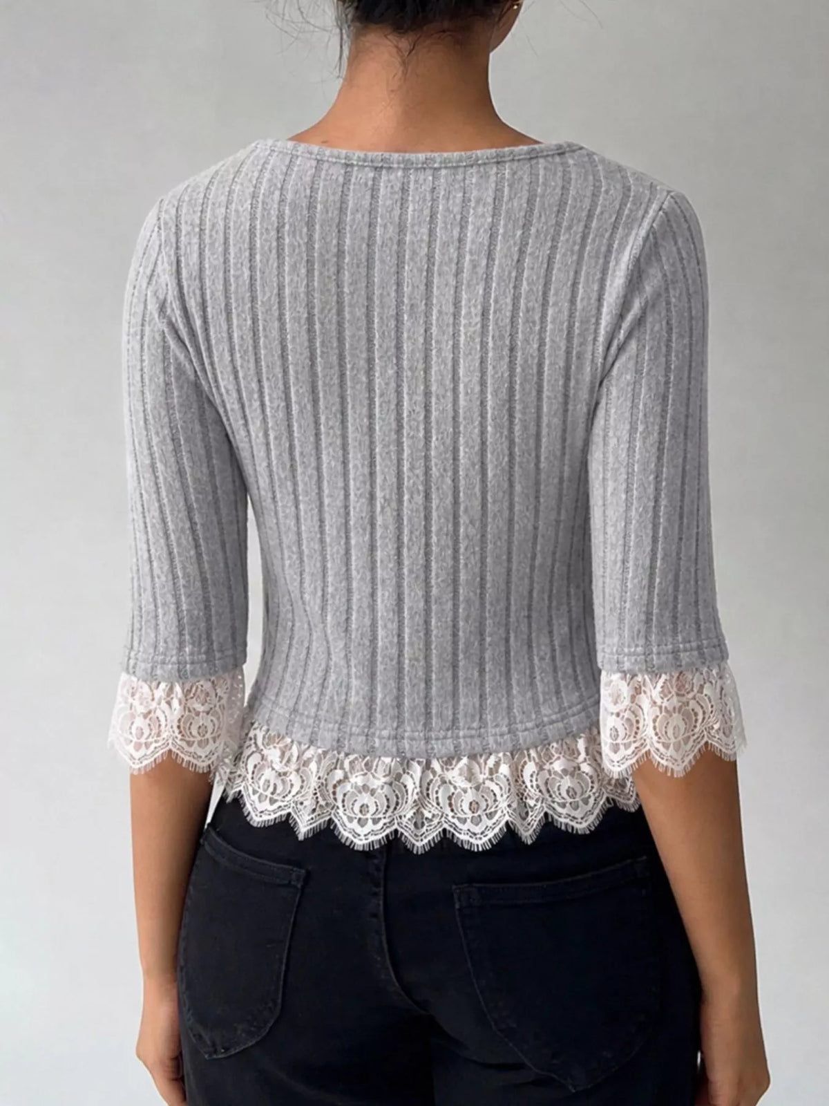 Lace Hem Ribbed Knit Button-Down Top - Lilixa.store