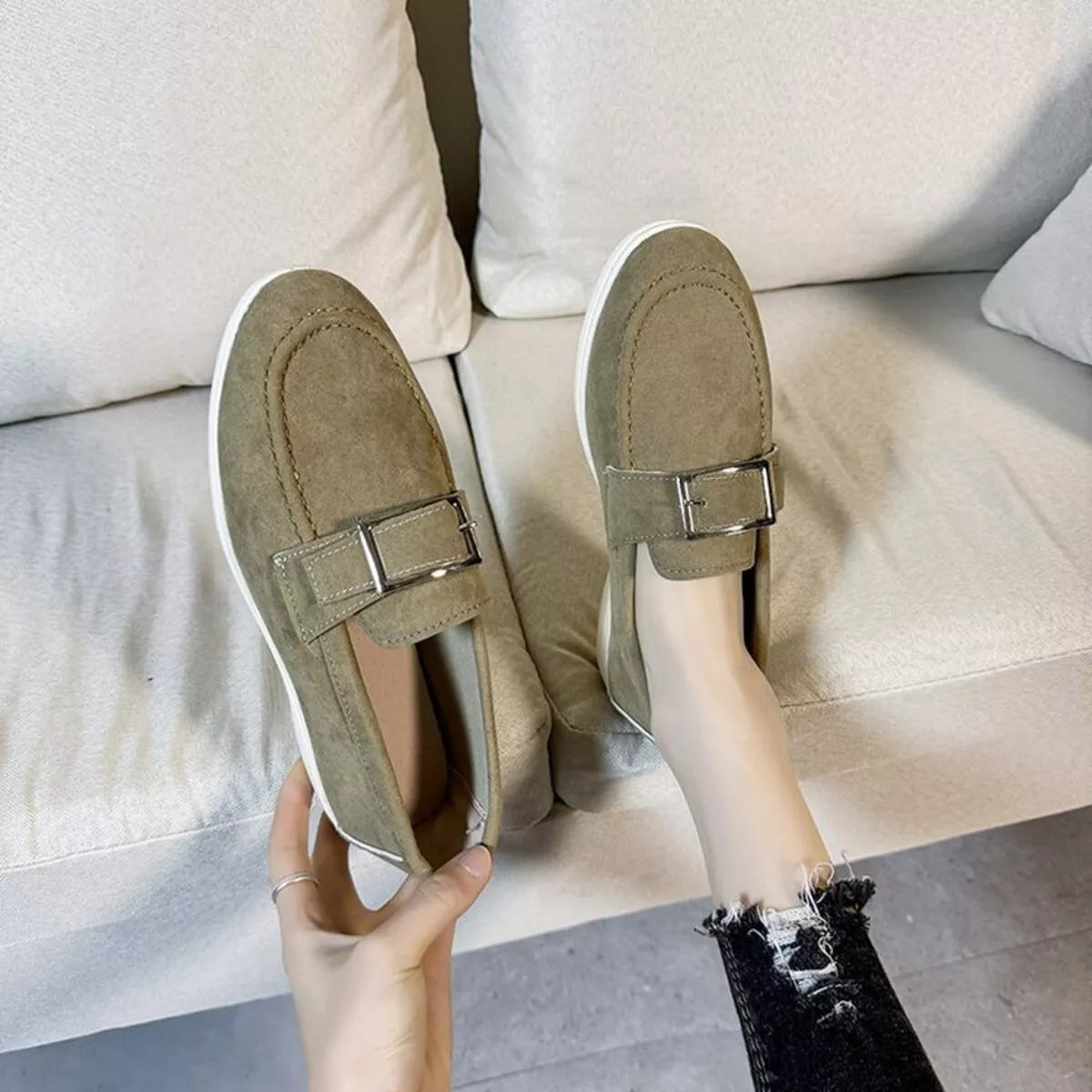 Round Toe Flats Slip-Ons in Khaki
