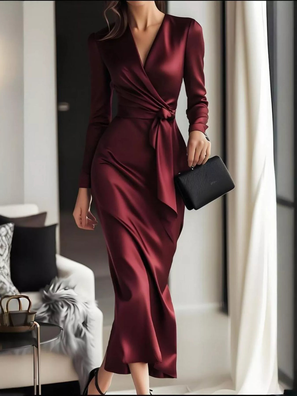 Surplice Satin Long Sleeve Dress - Lilixa.store