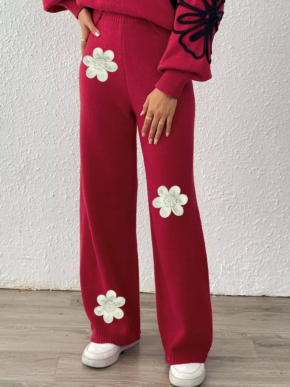 High-Waisted Wide-Leg Sweater Pants with Floral Beaded Decor, view 8
