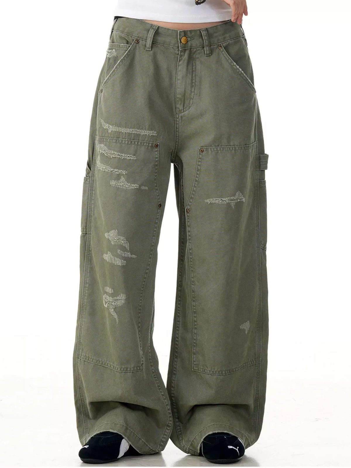 Men's Distressed Wide-Leg Carpenter Pants in Sage, view 2