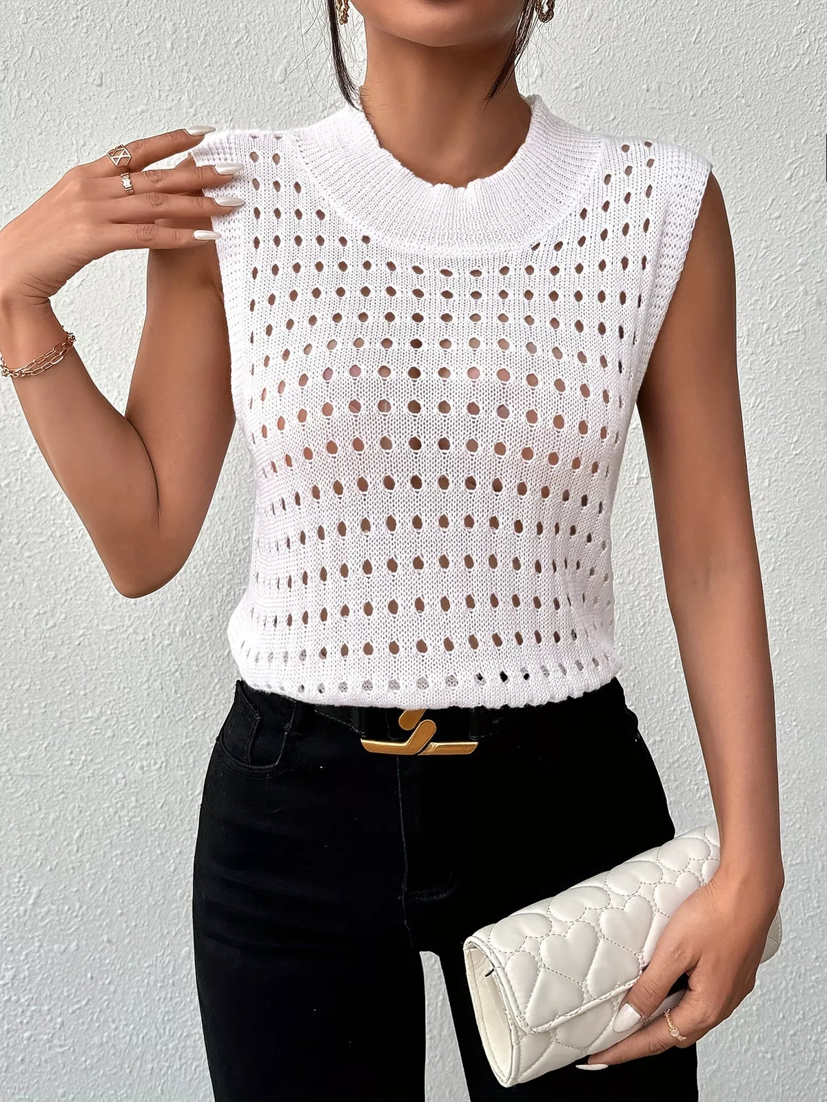 Hollow Out Round Neck Knit Tank, view 3