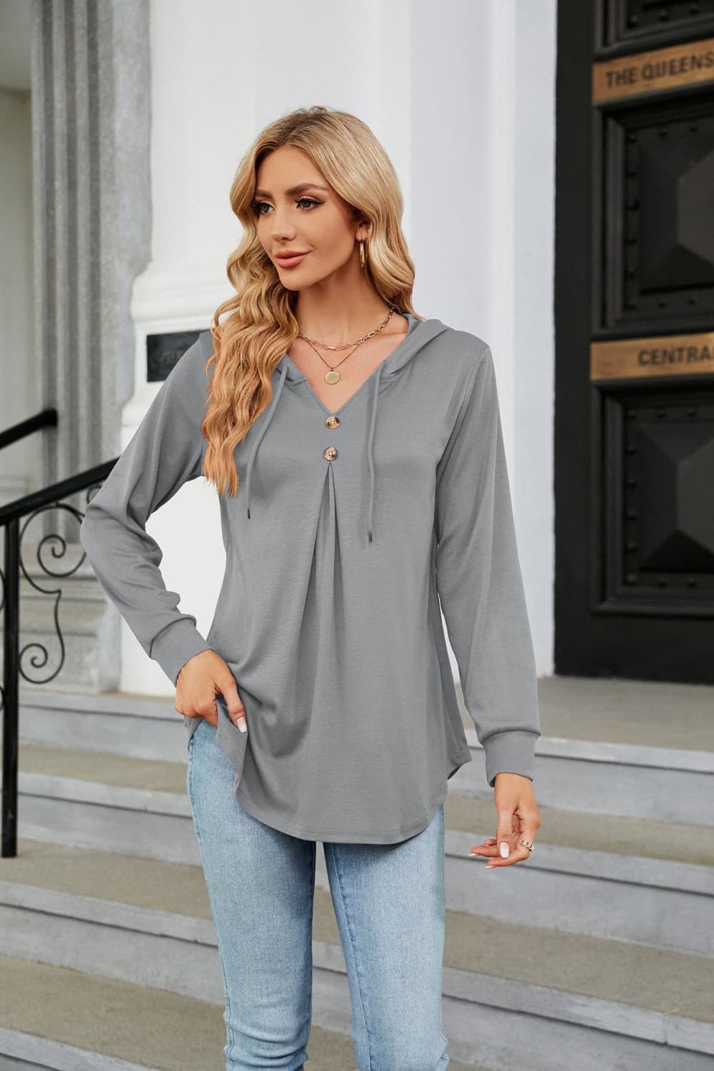 Long Sleeve Hooded Blouse in Light Gray