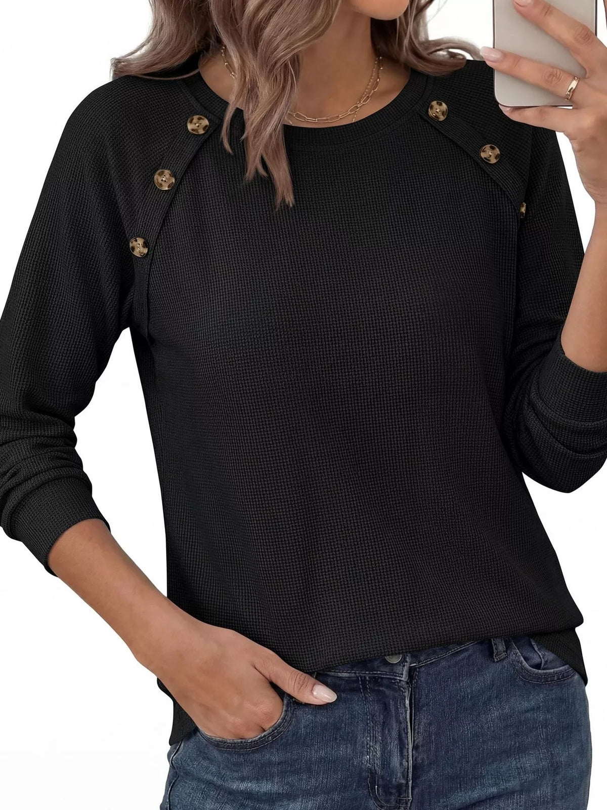 Decorative Button Waffle Knit Long Sleeve T-Shirt