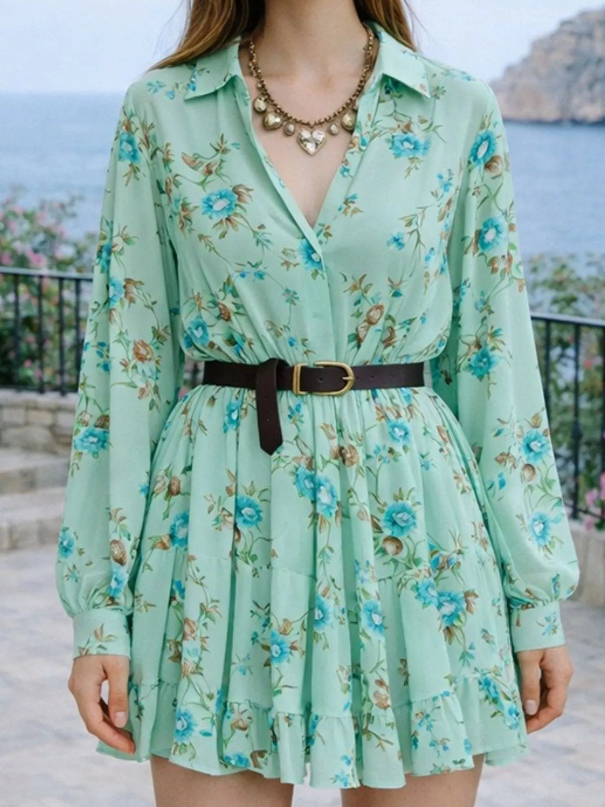 Full Size Floral Print Long Sleeve Shirt Dress Plus Size, view 7