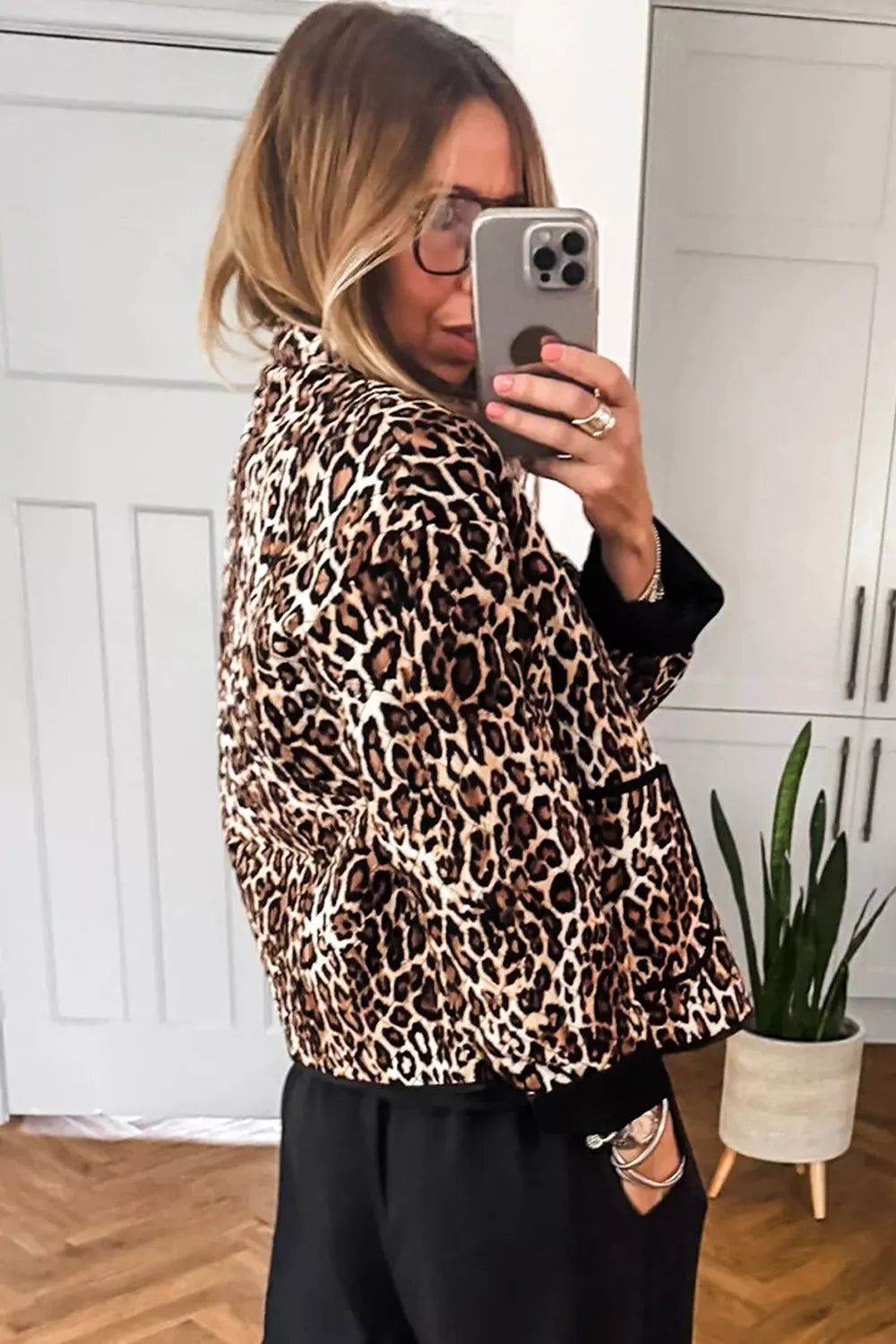 Leopard Print Quilted Button Front Patch Pockets Jacket