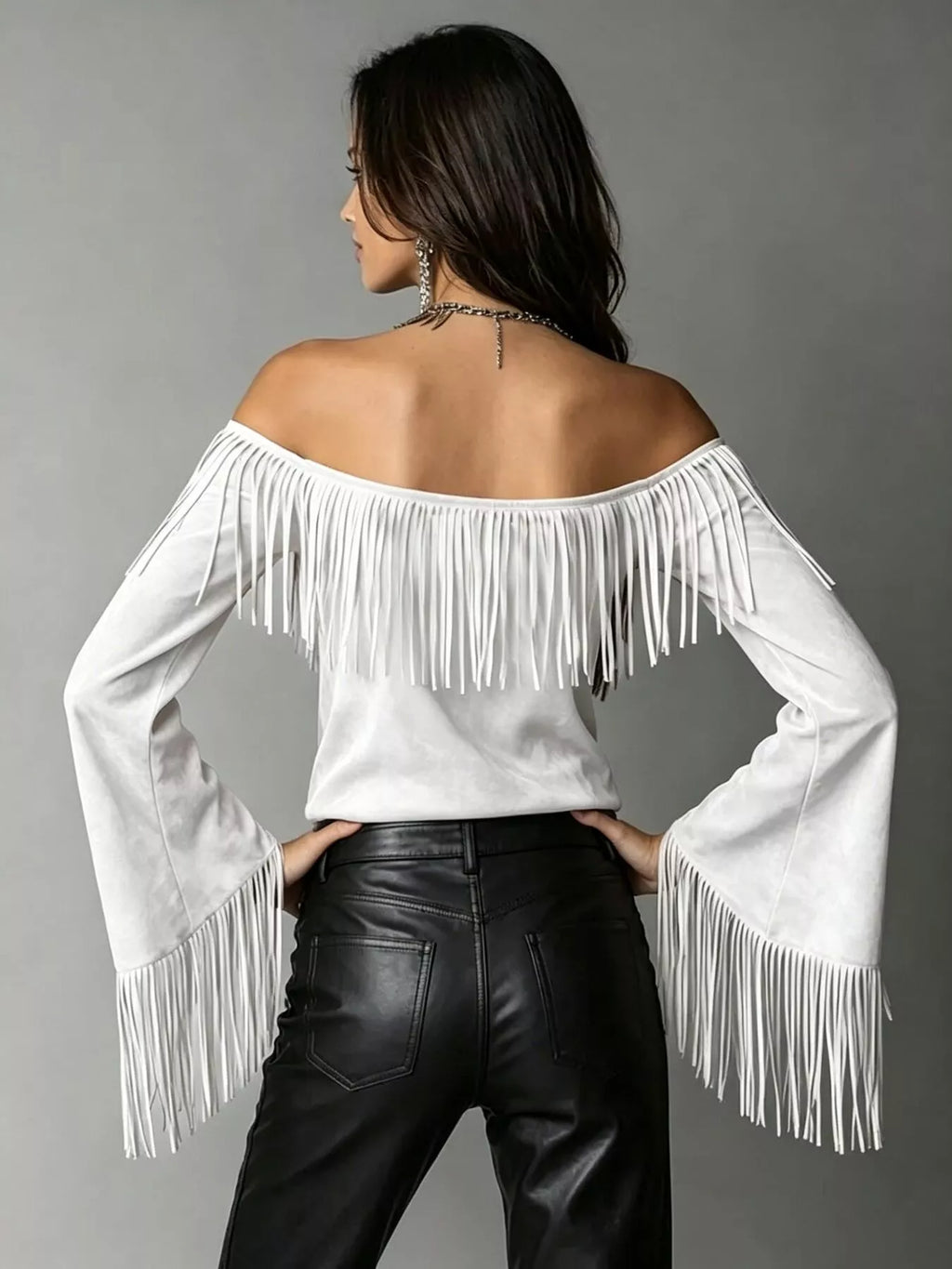 Full Size Fringed Off-Shoulder Flare Sleeve Top Plus Size - Lilixa.store