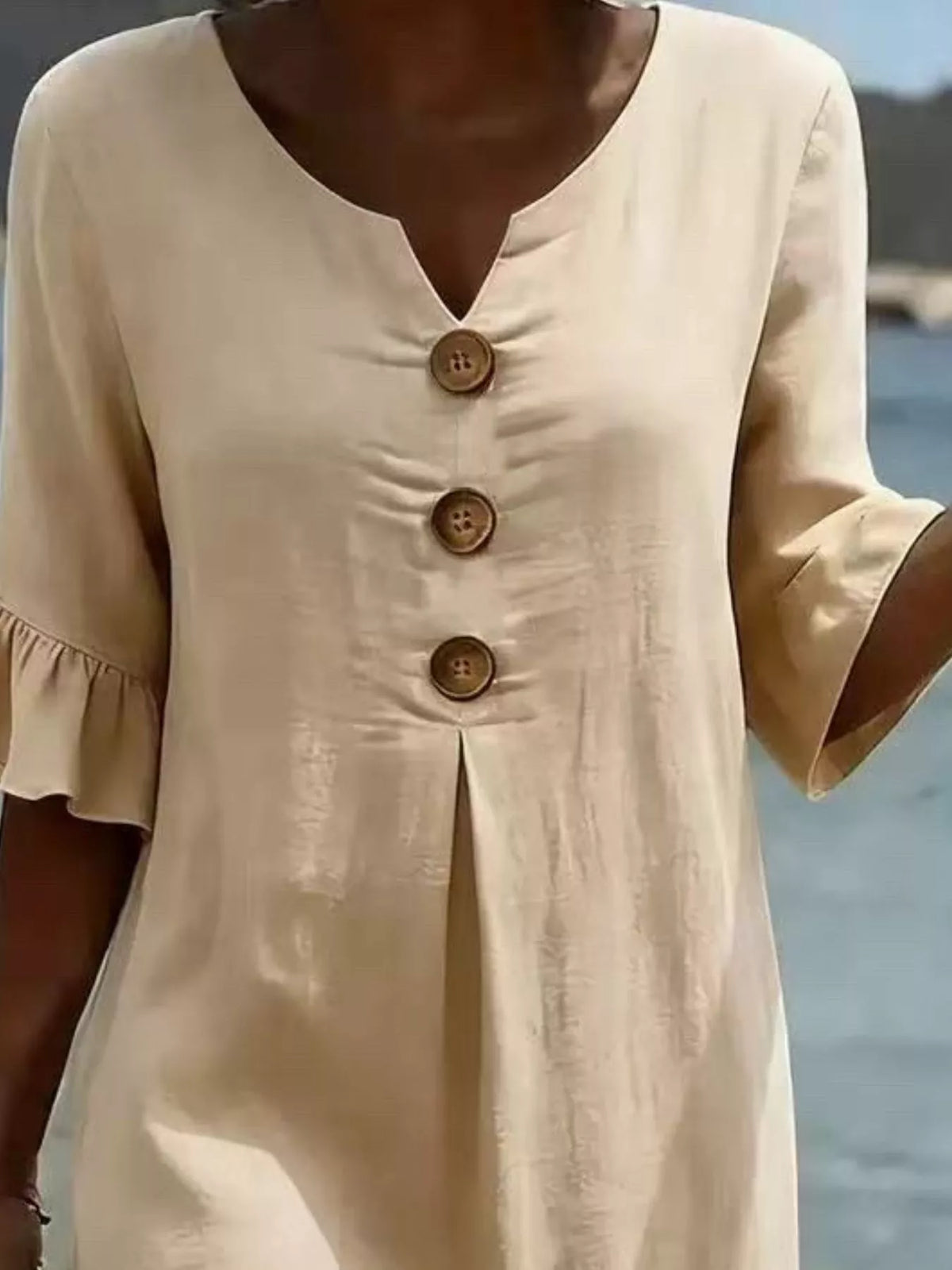 Full Size Decorative Button Ruffle Half Sleeve Dress Plus Size - Lilixa.store