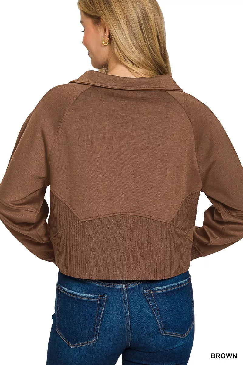Zenana Scuba Full Zip Cropped Jacket with Pockets in Brown, view 3
