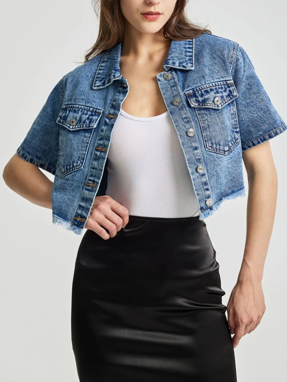 Cropped Short Sleeve Denim Jacket with Frayed Hem in Blue, view 6