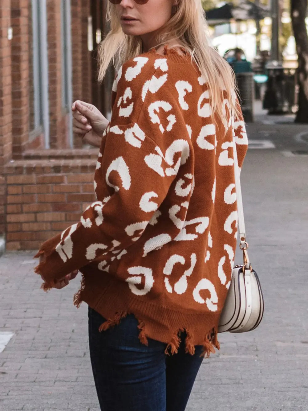Leopard Frayed Hem Long Sleeve Sweater in Brown, view 2