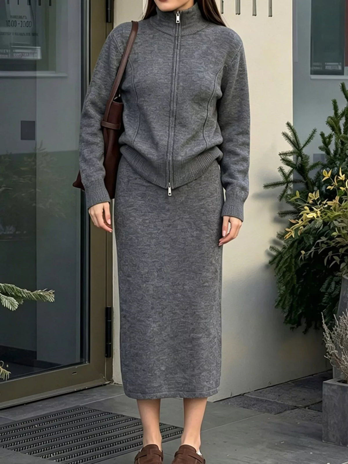 Zip-Up Mock Neck Cardigan and Matching Midi Skirt Sweater Set, view 2