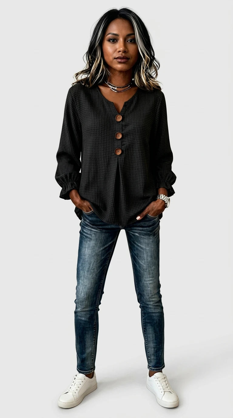 Full Size Waffle Knit Flounce Sleeve Blouse Plus Size in Black