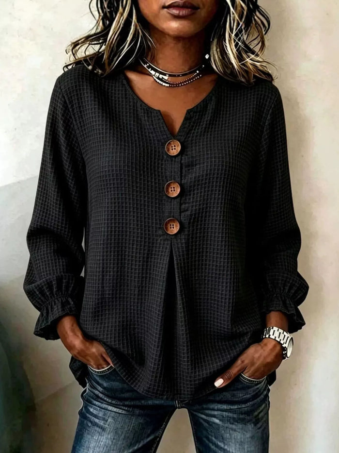 Full Size Waffle Knit Flounce Sleeve Blouse Plus Size in Black