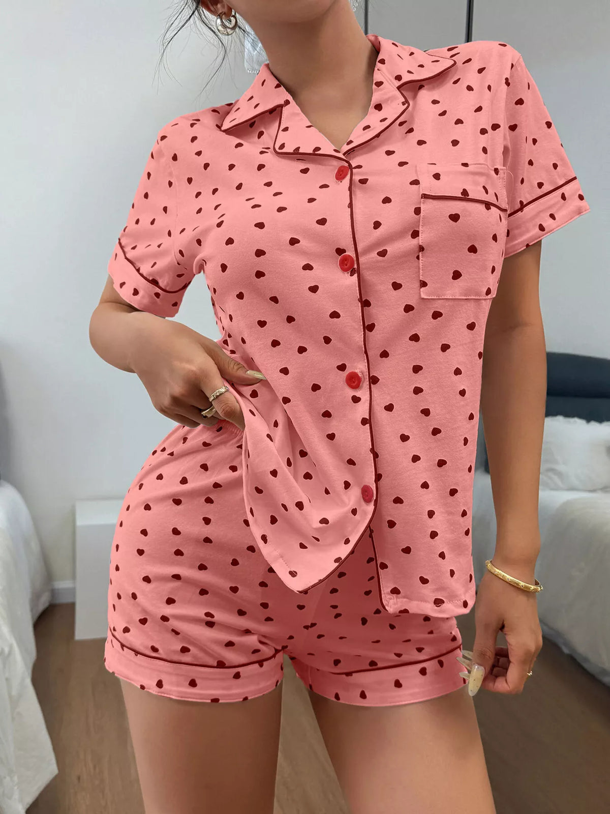 Heart Print Button-Down Short Sleeve Top and Shorts Lounge Set - Lilixa.store