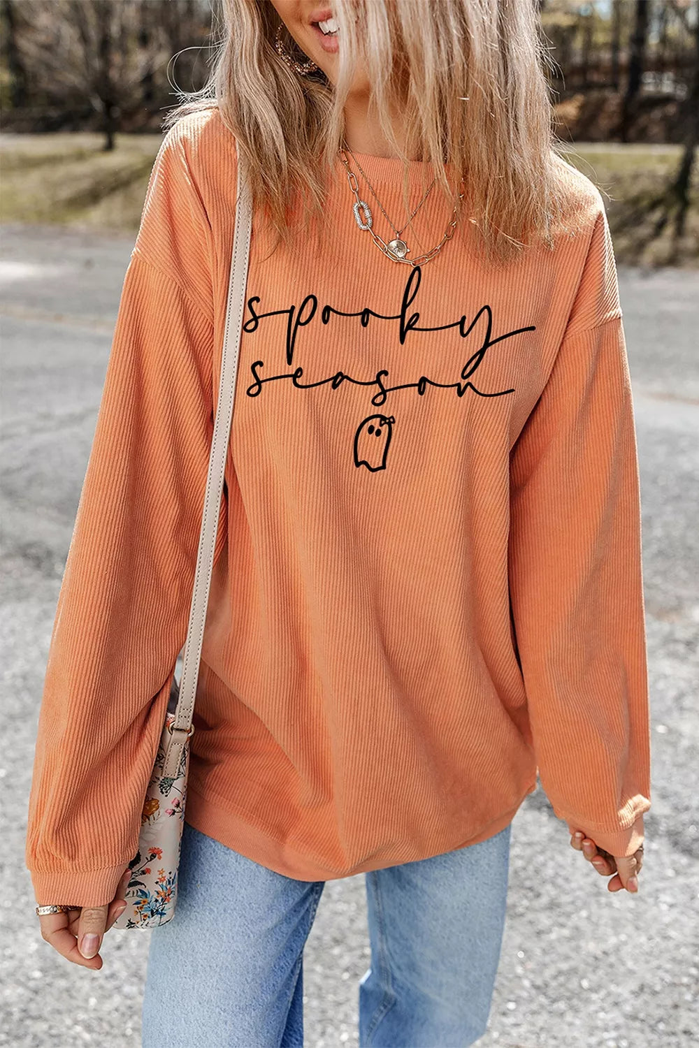 Spooky Season Ghost Letter Cozy Ribbed Pullover Sweatshirt in Sherbet, view 2