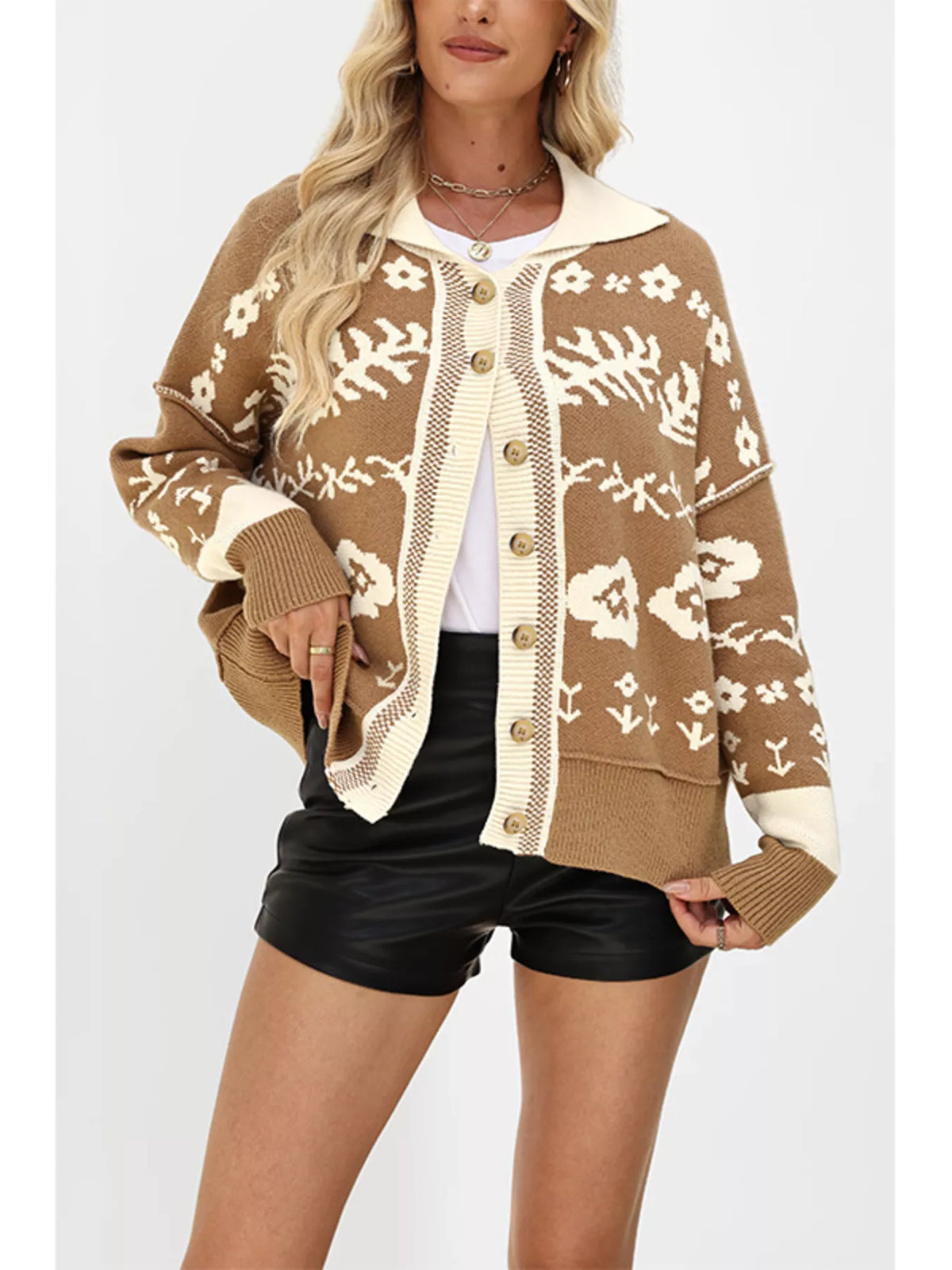 Floral Pattern Knit Cardigan with Contrast Collar - Lilixa.store