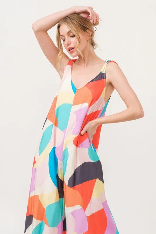 And The Why Tied Shoulder Straps Wide-Leg Geo Print Jumpsuit