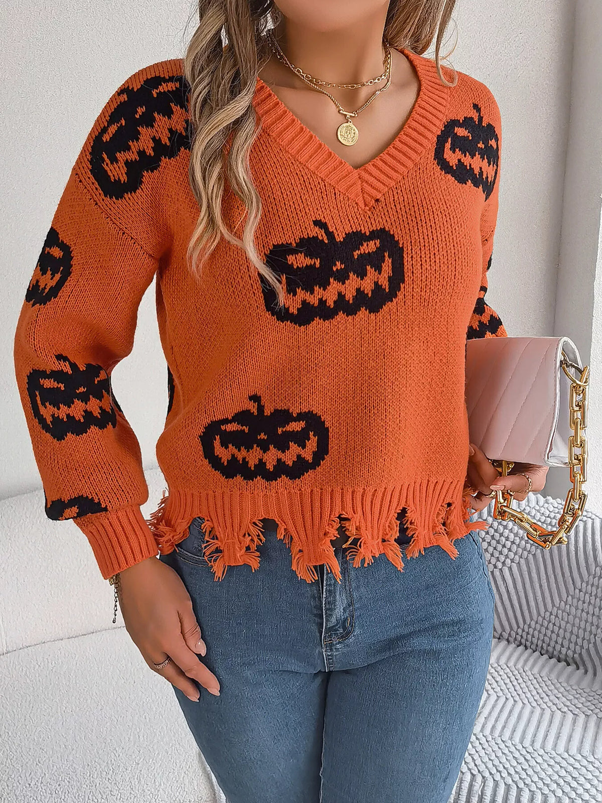 Pumpkin Distressed Hem Sweater