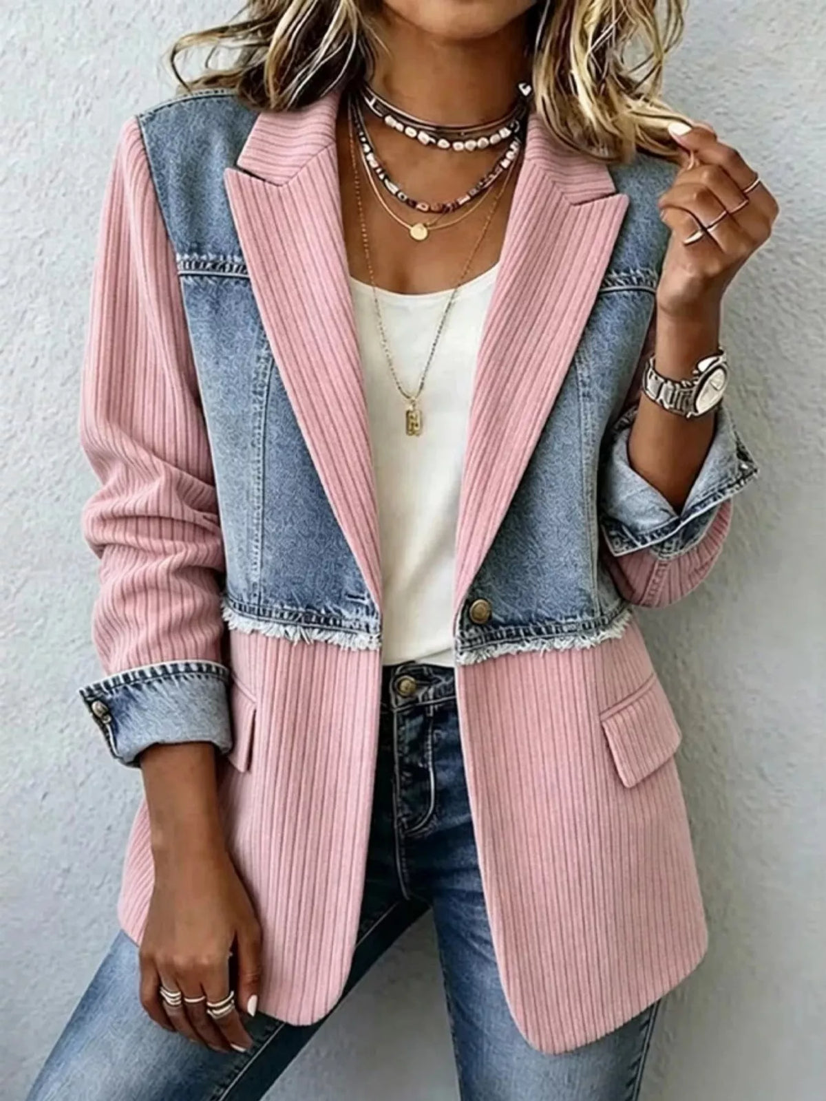 Full Size Patchwork Denim Ribbed Blazer Plus Size - Lilixa.store