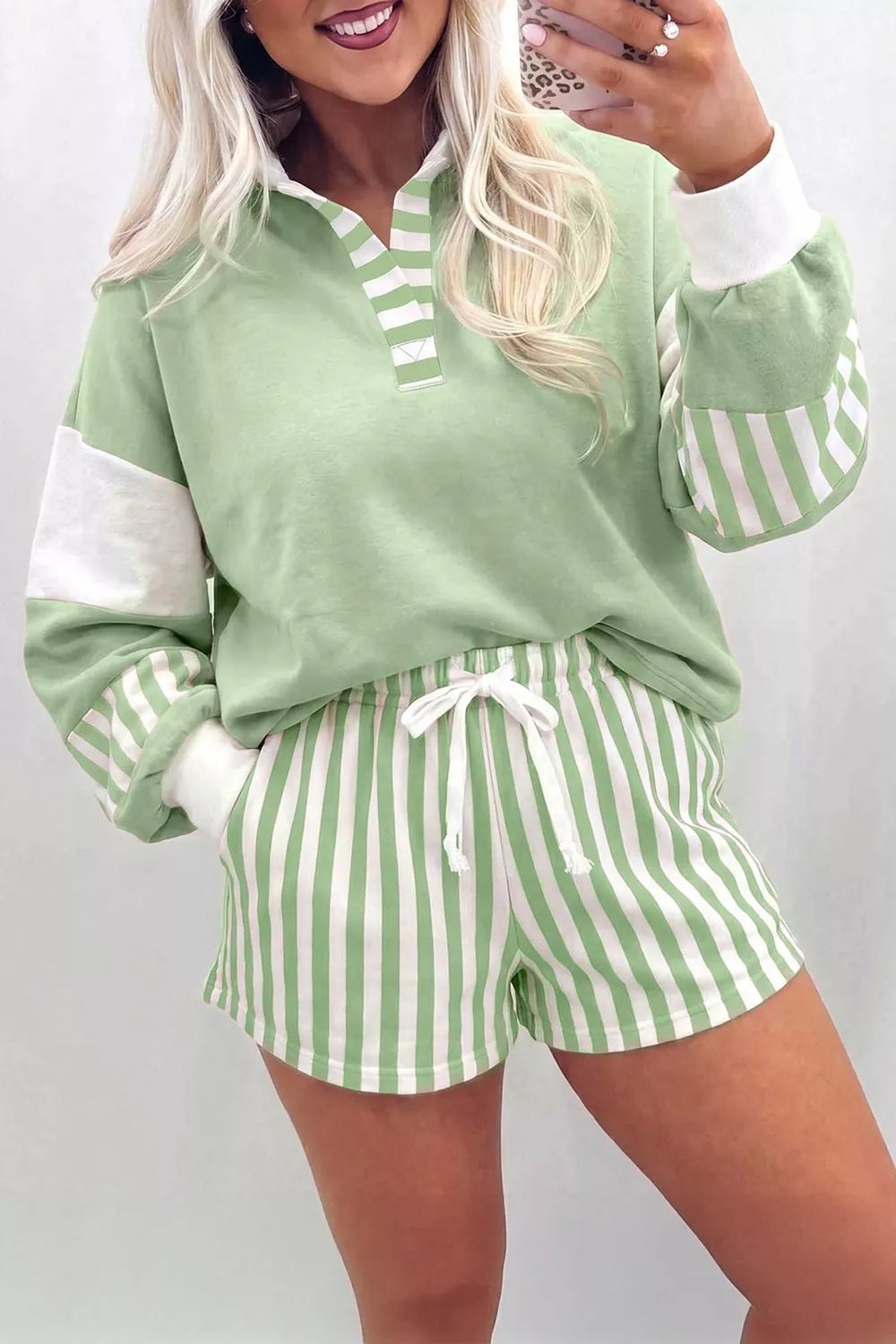 Striped Color Block Pullover Top Drawstring Shorts Set - Lilixa.store