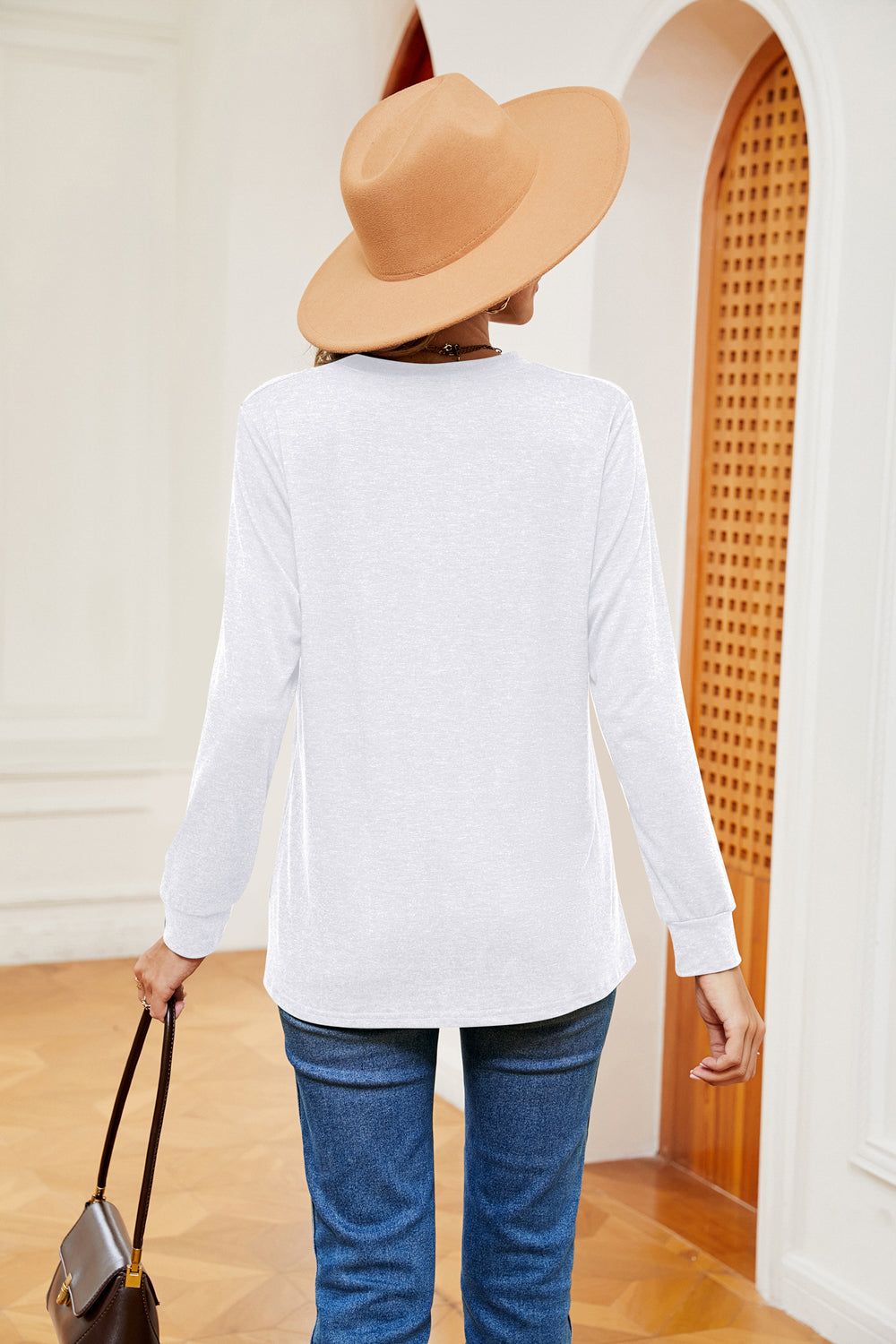 Buttoned Notched Neck Long Sleeve Top, view 6