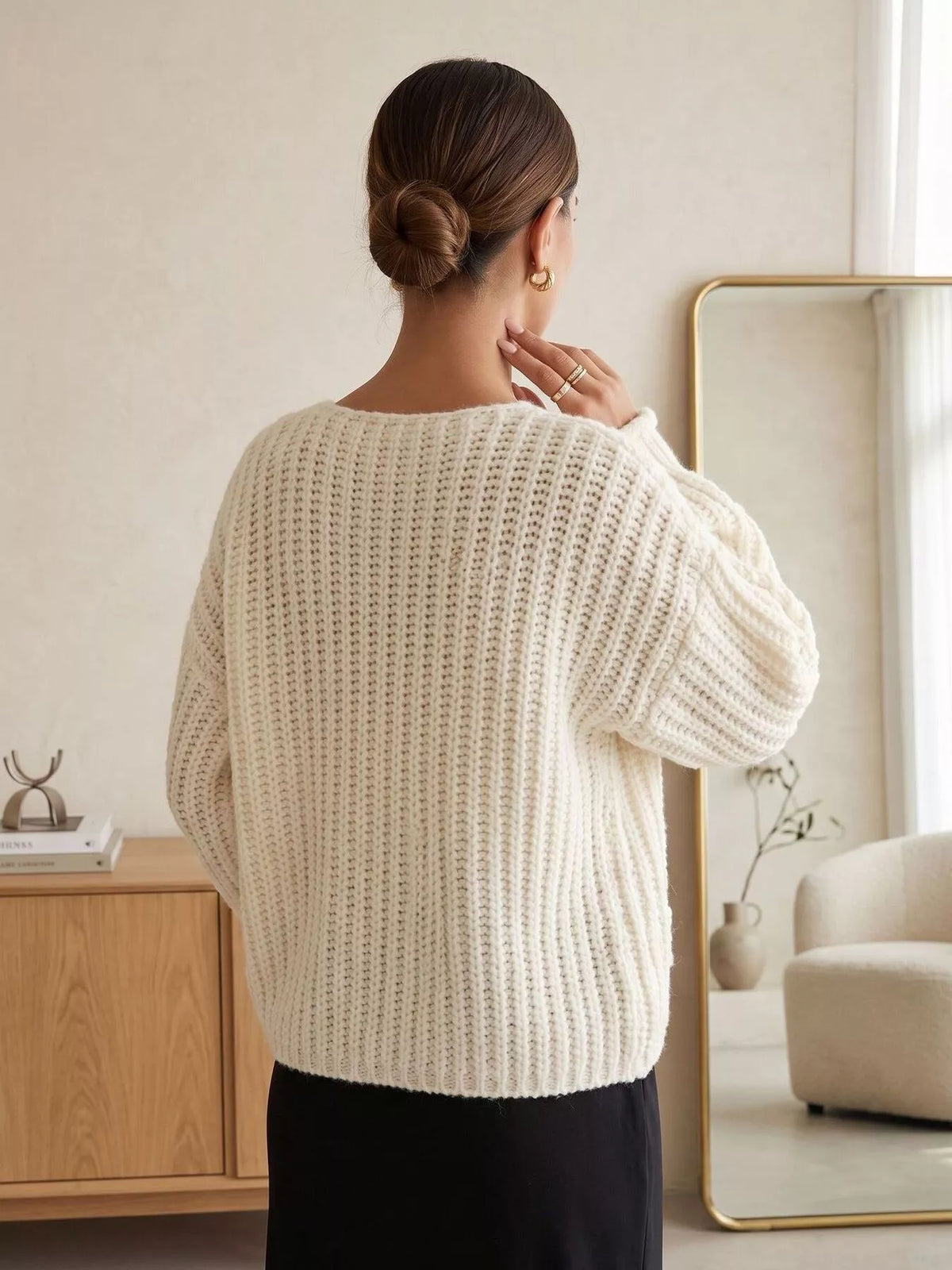 Ribbed Knit Cardigan with Gold-Tone Buttons, view 2