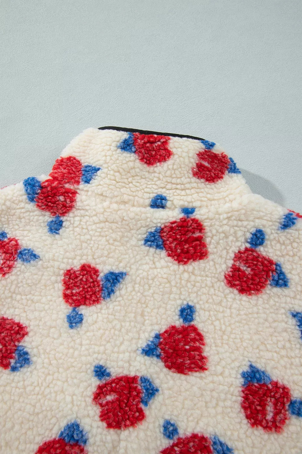 Floral Print Zipper Stand Neck Outerwear Fleece Coat in Scarlet, view 9