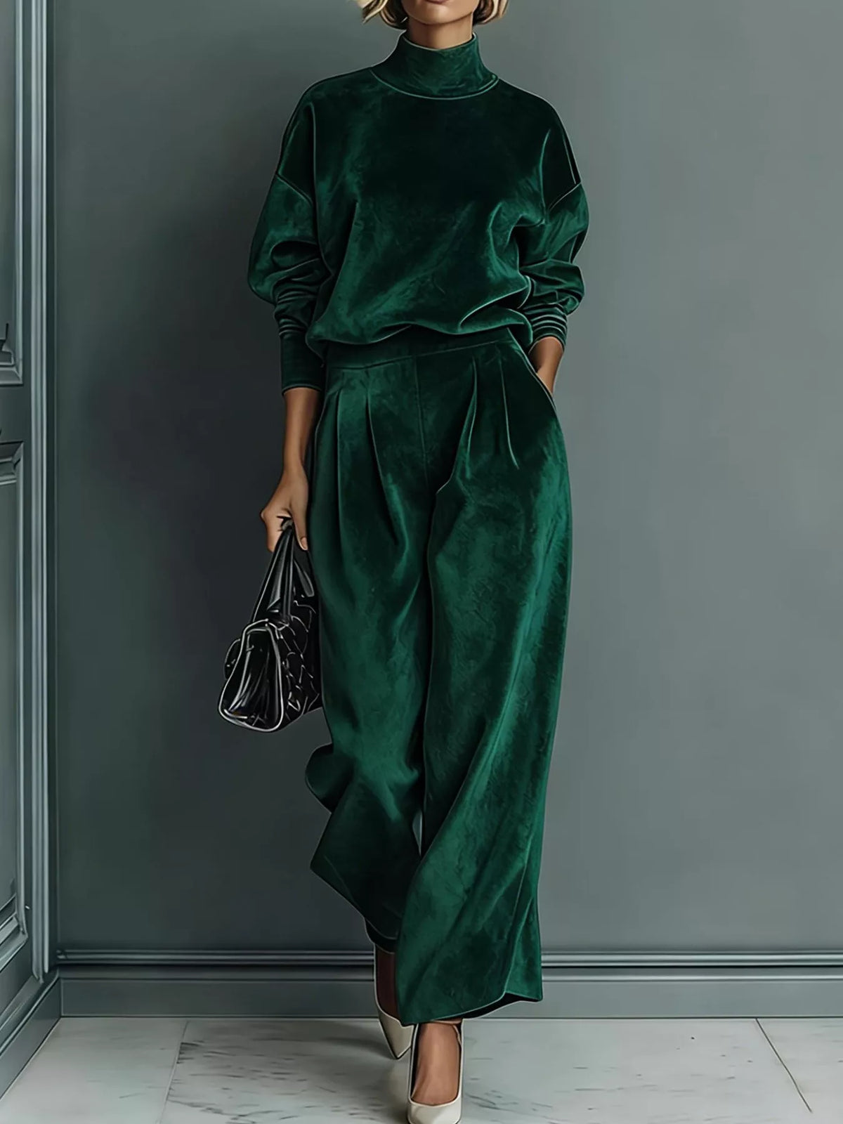 Full Size Elegant Velvet Mock Neck Long Sleeve Top and Wide-Leg Pants Set Plus Size in Army Green