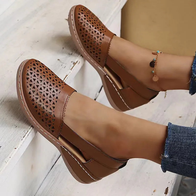 Cutout Round Toe Slip-Ons in Brown