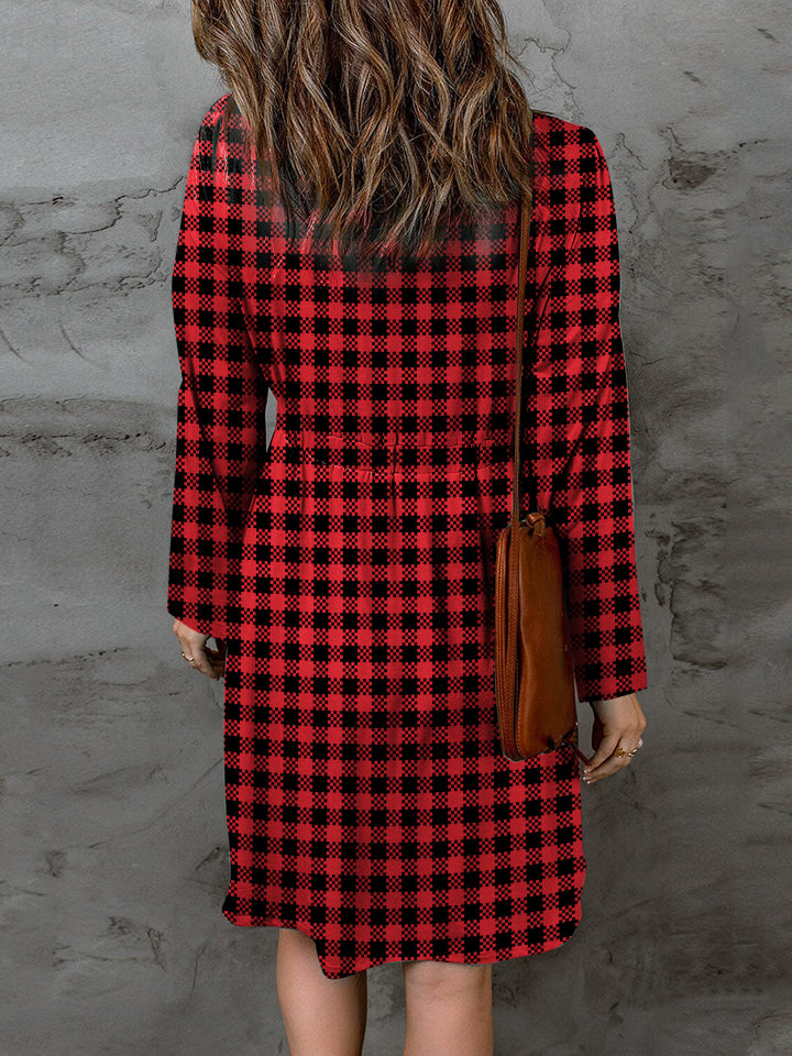 Double Take Full Size Plaid Round Neck Long Sleeve Magic Dress - Lilixa.store