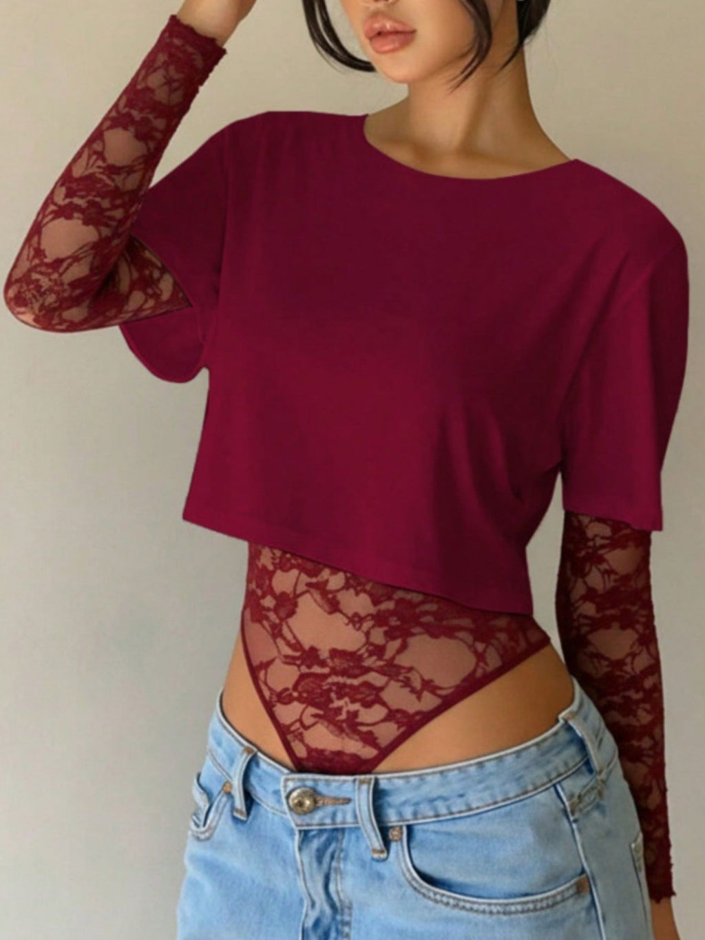 Lace Patchwork Round Neck Bodysuit - Lilixa.store