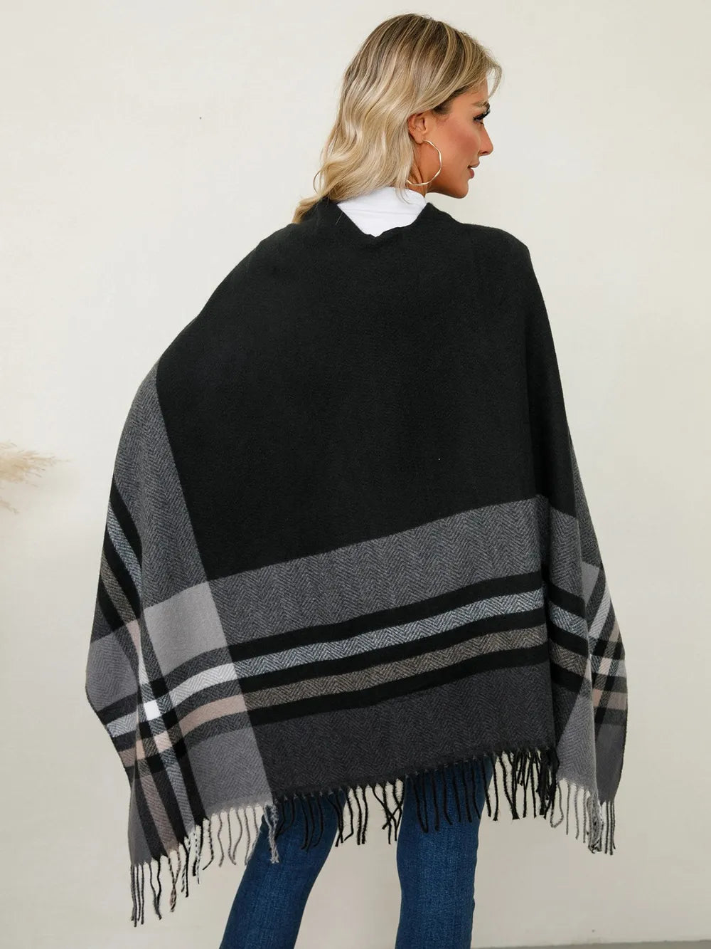 Fringe Contrast Plaid Poncho - Lilixa.store