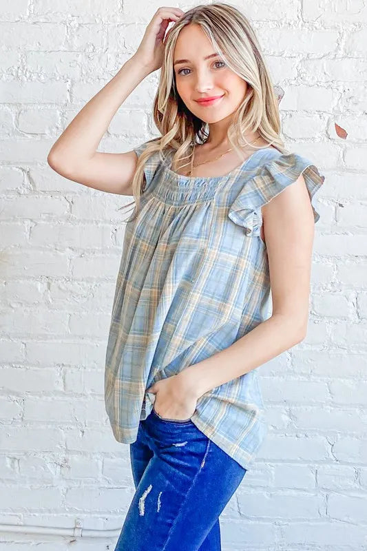 And The Why Plaid Print Smocked Detail Ruffle Baby Doll Top - Lilixa.store