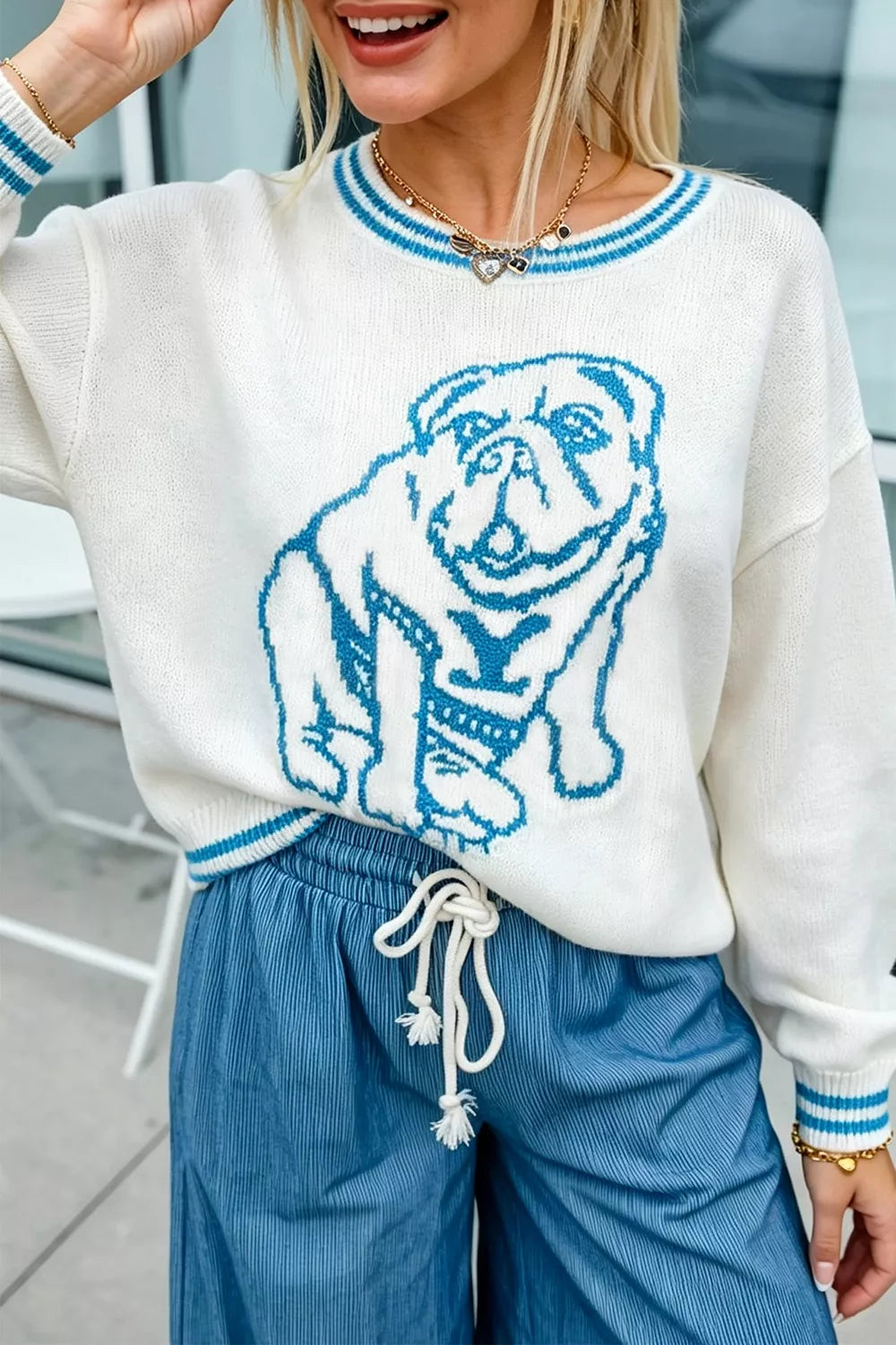 Bulldog Graphic Striped Trim Sweater - Lilixa.store