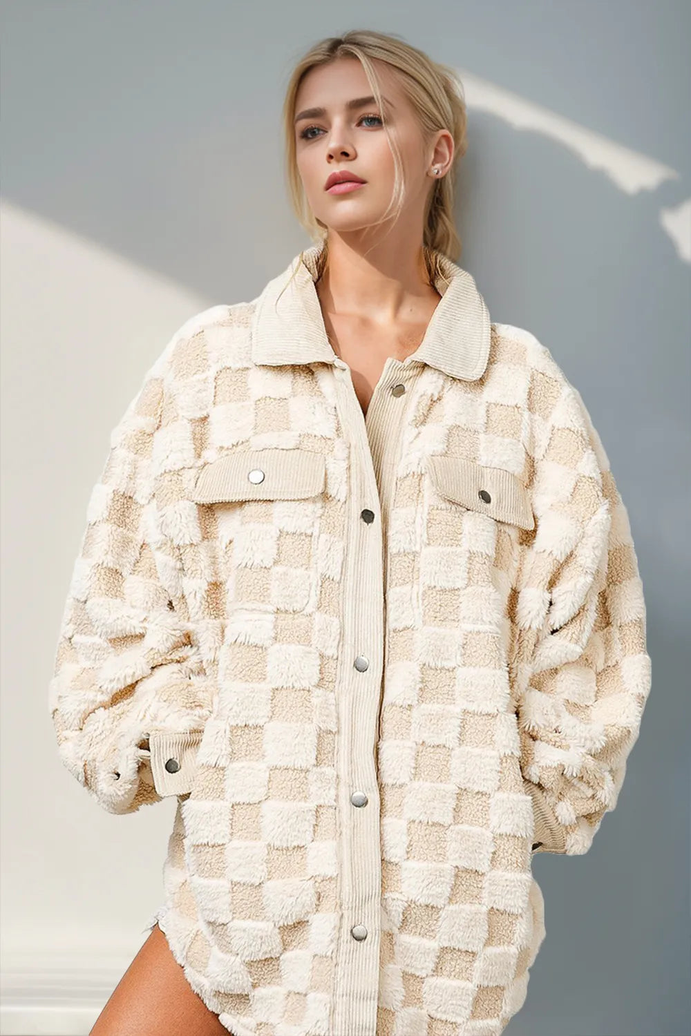 Double Take Button Up Fuzzy Checkered Shacket in Cream
